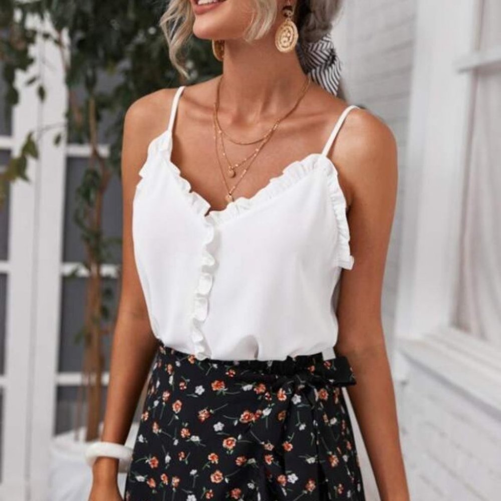 Boho  frill trim V neck cami top - Picture 3 of 5